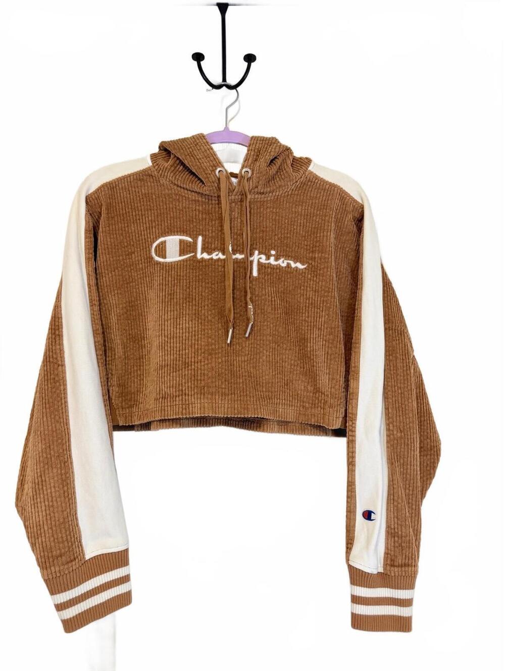 Champion Womens Brown Corduroy Cropped Hoodie Colorblock Pullover Size S